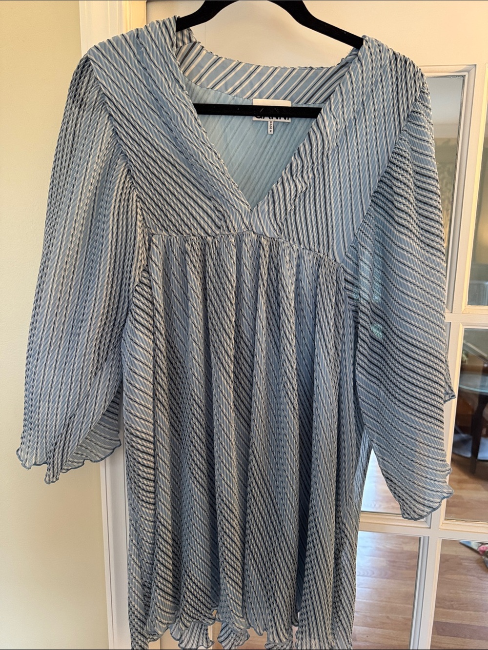GANNI - Light Blue Striped V-Neck Flowy Sleeve Women's Dress